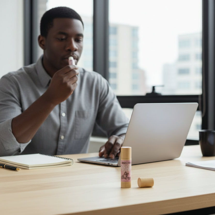 Man sitting at a desk with a laptop, looking thoughtful with a cityscape in the background.