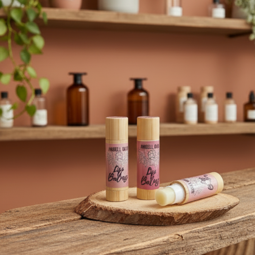 Two lip balms in bamboo containers on a wooden surface with a third lip balm beside them.