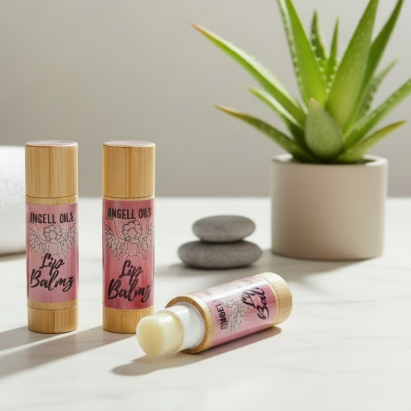 Two lip balms in bamboo containers on a wooden surface with a third lip balm beside them.
