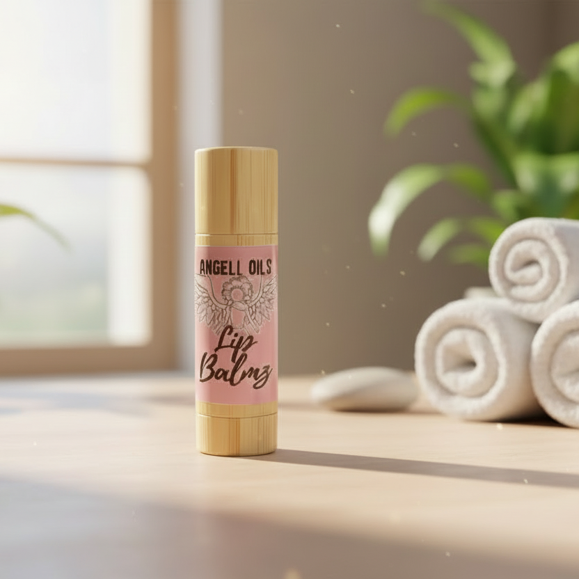 Lip balm with wooden container on a counter