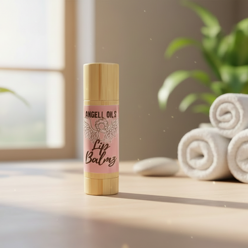 Lip balm with wooden container on a counter