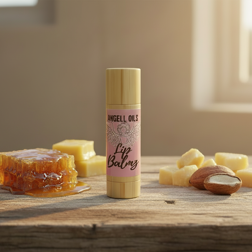 Lip balm with natural ingredients on a wooden surface with flowers in the background