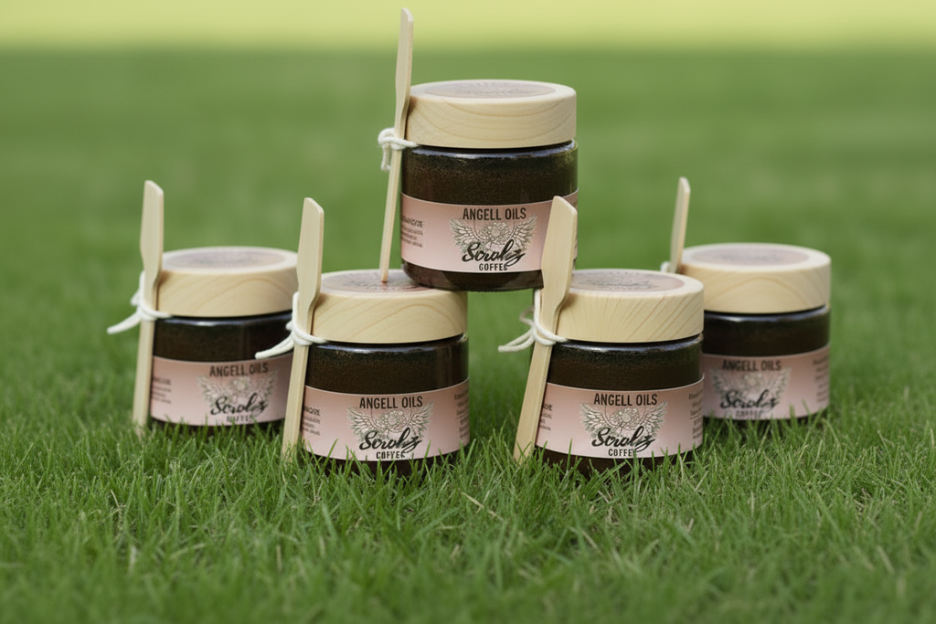 Five jars of Angell Oils Coffee Scrubz in grass