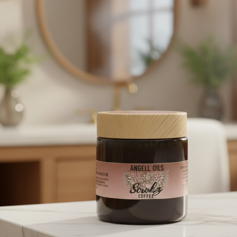 Jar of Angell Oils Coffee Scrubz with a wooden lid on a bathroom counter
