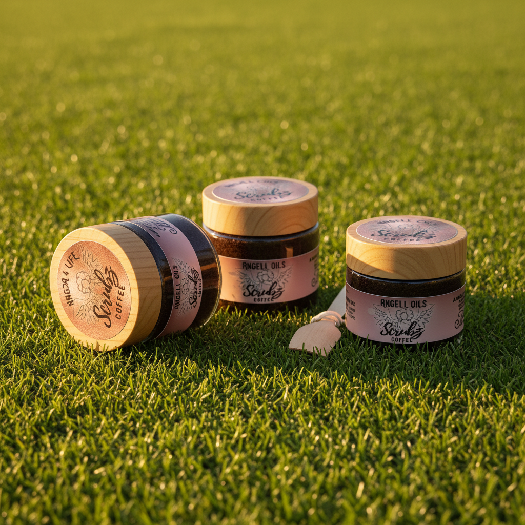 Three jars of Angel Oils Scrubs Coffee on a grass lawn 