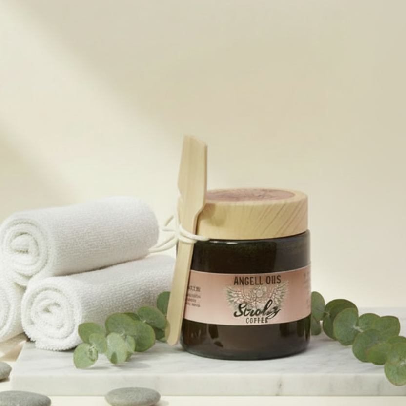 Jar of Angell Oils Coffee Scrubz a plant on a beige background.