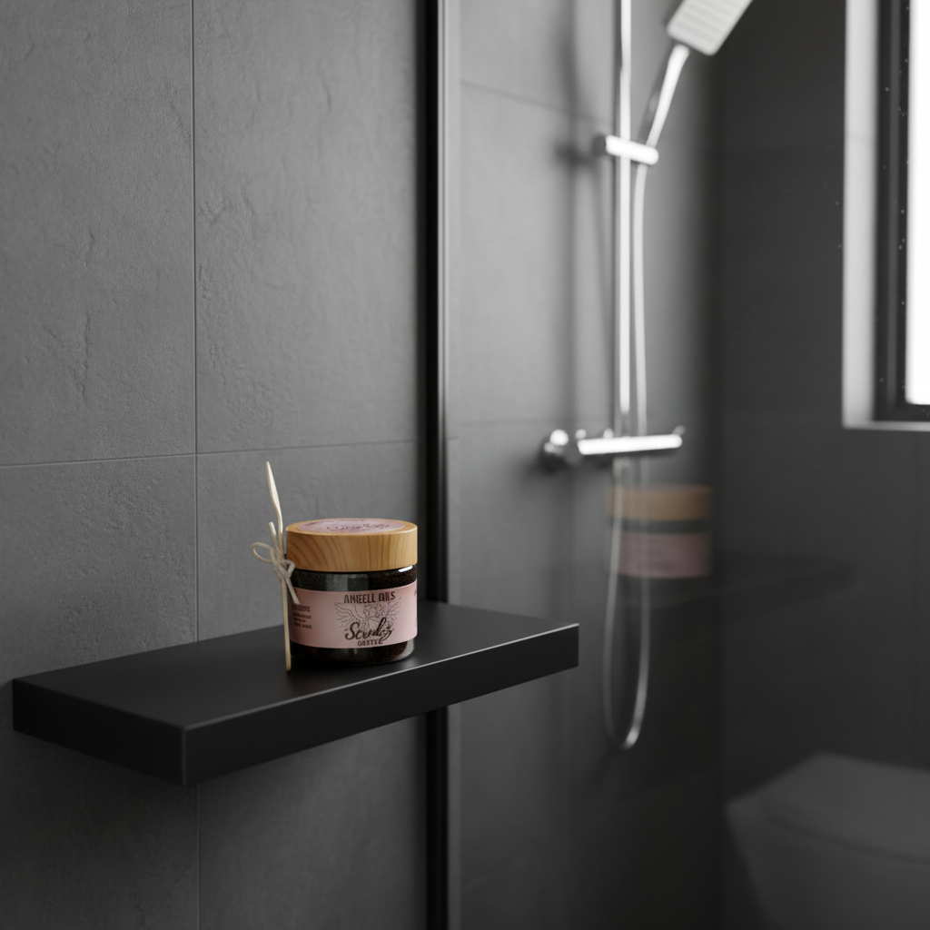 Jar of 'Angell Oils Coffee Scrubz product on a textured surface with coffee beans and decorative elements.