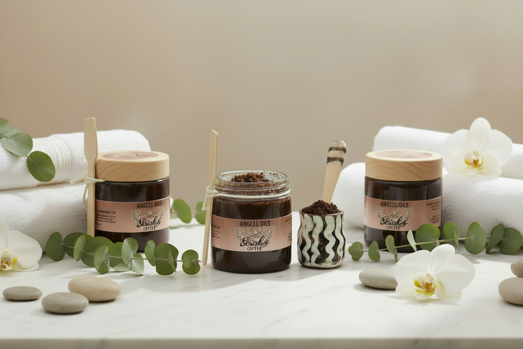 Jar of honey with a wooden lid on a wooden board, next to a small container with a spoon and a plant on a beige background.