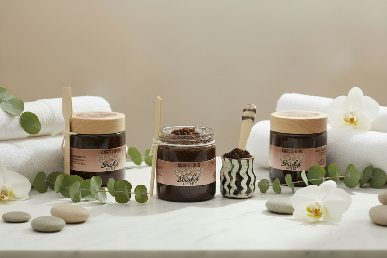 Jar of honey with a wooden lid on a wooden board, next to a small container with a spoon and a plant on a beige background.