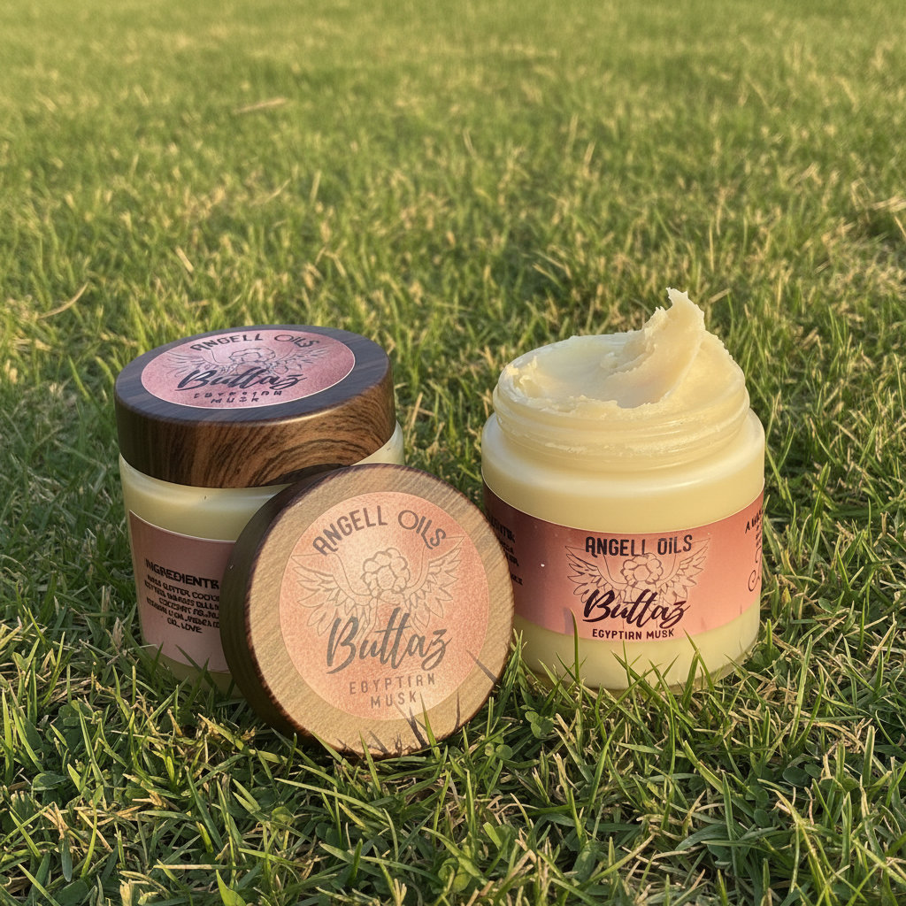 Two jars of Angell Oils Buttaz Egyptian Musk on grass