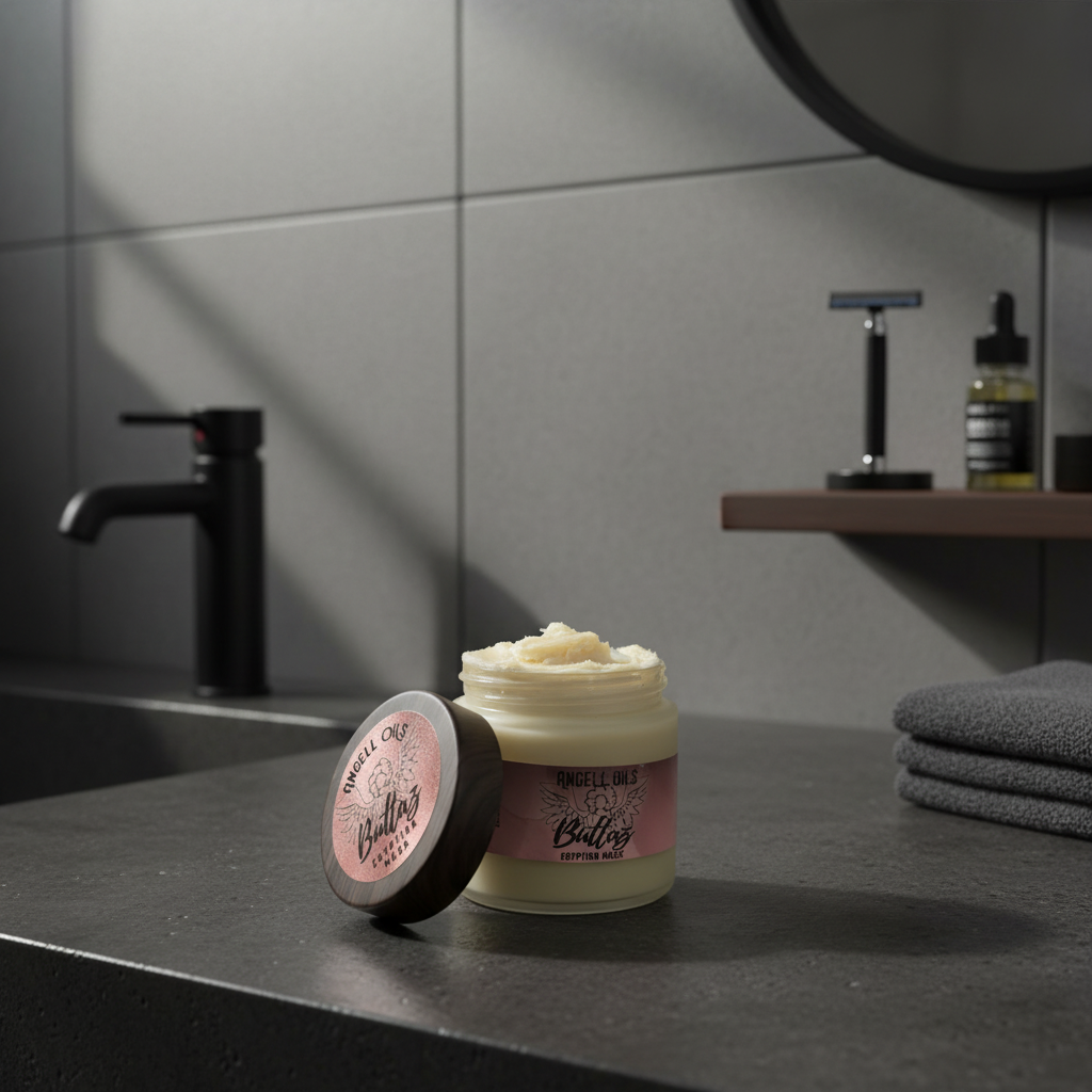 Jar of cream with wooden lid on a grey bathroom 