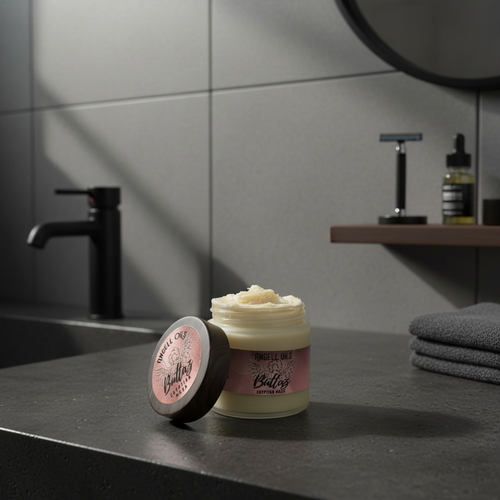 Jar of cream with wooden lid on a grey bathroom 