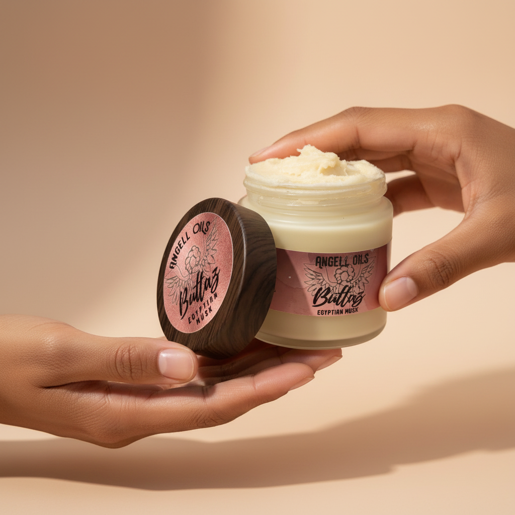 Jar of cream with wooden lid on a beige background