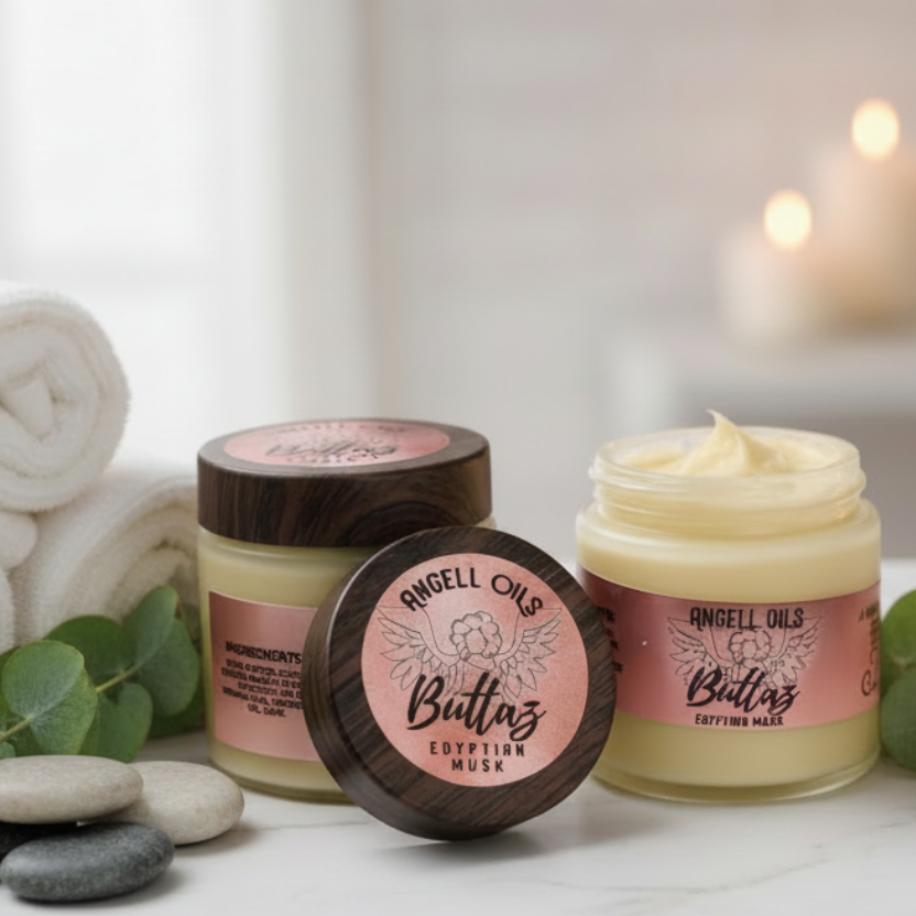 Two jars of Angell Oils Buttaz Egyptian Musk on a white background