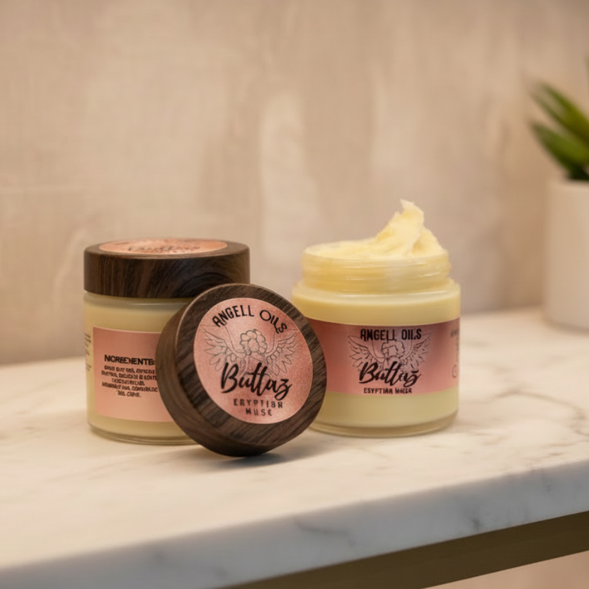 Two jars of Angell Oils Buttaz Egyptian Musk on a textured background