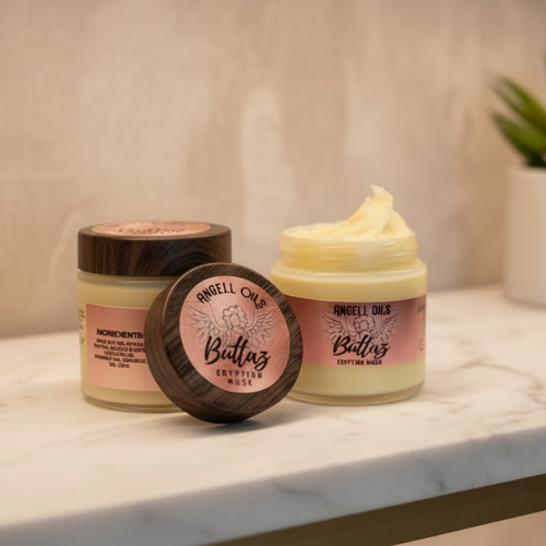 Two jars of Angell Oils Buttaz Egyptian Musk on a textured background