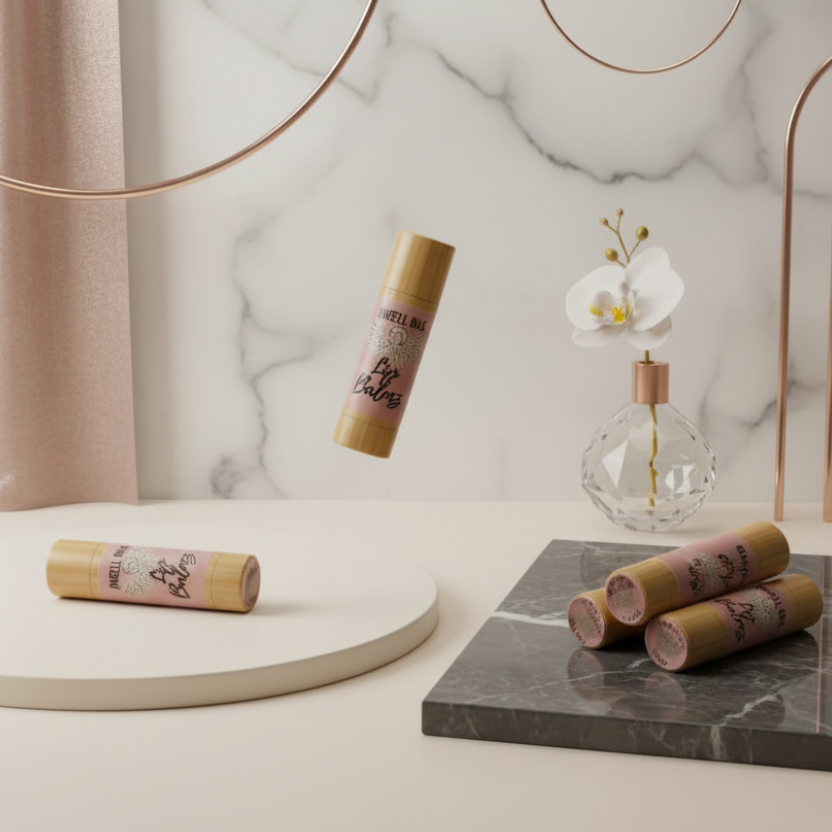 Bamboo lip balm packaging on a white background
