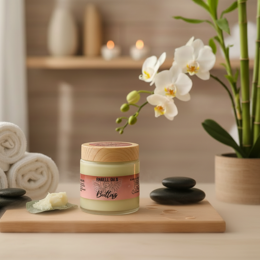 Jar of Angel Oils Butter on a wooden board in a spa environment