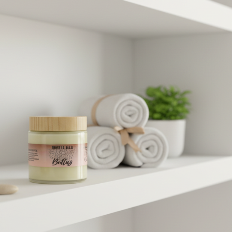 Jar of Angel Oils Butter on a white shelf