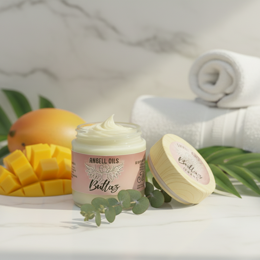 A jar of Angell Oils Mango Buttaz on a black stand with eucalyptus leaves against a soft pink background