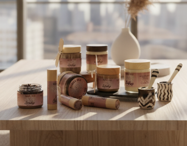 Collection of cosmetic jars and bottles on a wooden tray with a gray background