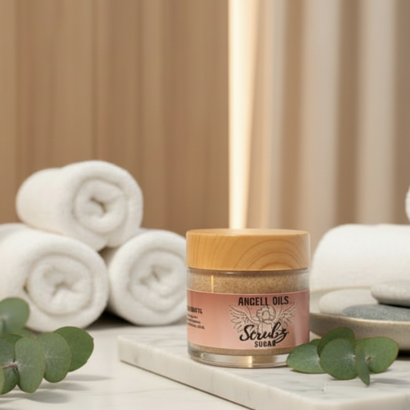 A jar of 'Angell Oils' scrubz with a blurred background
