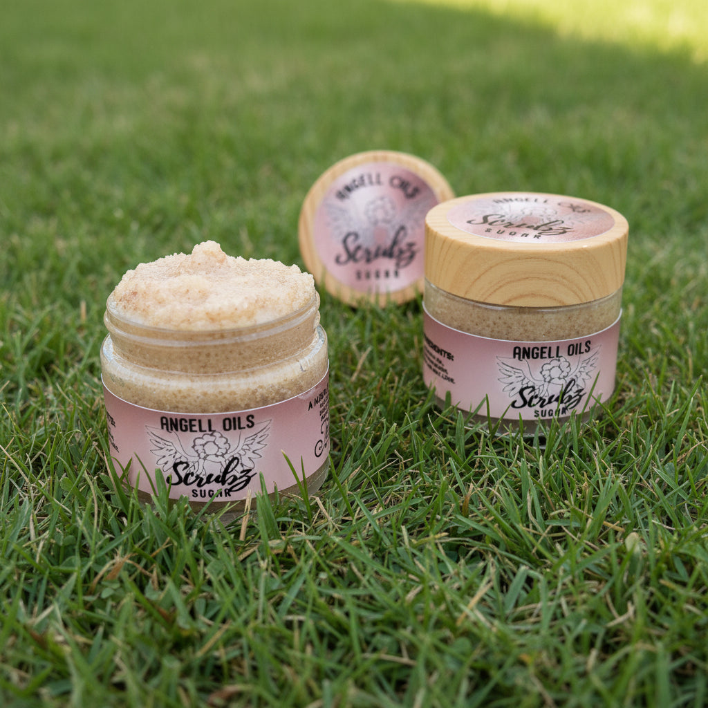 Three jars of Angel Oils Scrub on grass
