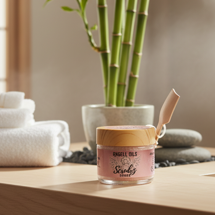 Jar of cream on a wooden surface with towels and a plant in the background