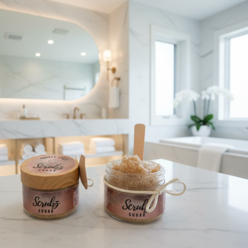 Two containers of Scrubz on a bathroom counter with a large mirror and sink in the background.